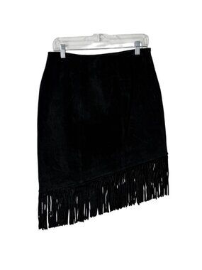 Lew Magram Womens Size 12 Black Suede Fringe Skirt Asymmetrical Vintage Western